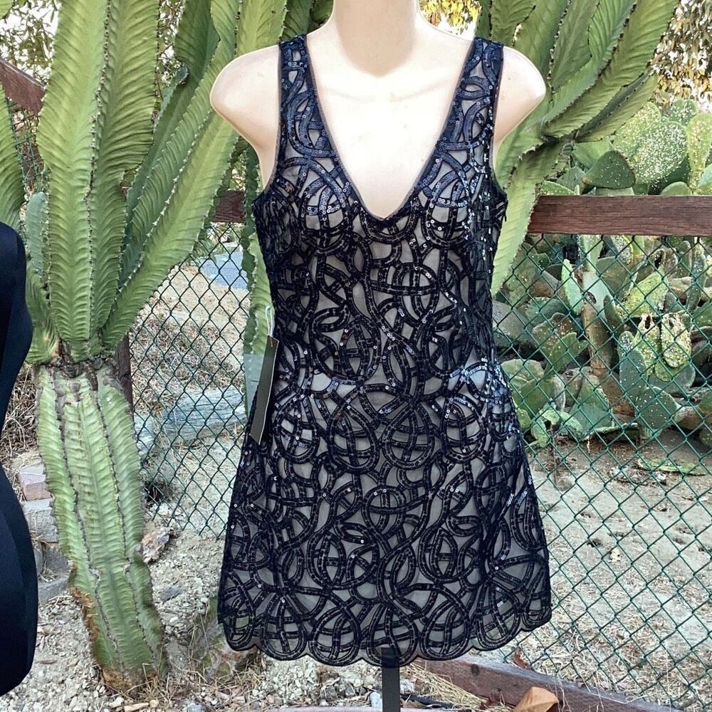 NWT Bebe Frosty Organza Sequin V-Neck Mini Dress Black Women’s XS